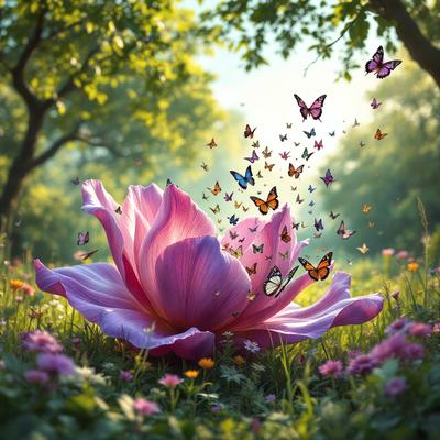 Primary subject: A pink flower with butterflies flying around it.

Setting/background: A grassy field with trees in the background.

Visual style: Digital art.

Colors and mood: The pink flower stands out against the green grass and the vibrant colors of the butterflies, creating a lively and serene atmosphere.